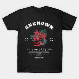 A red skull with a king's crown with blue flowers T-Shirt